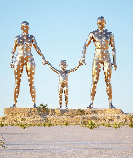The statue of the child was crafted from fragments taken from the parents, symbolizing the sacrifices and efforts parents make throughout their lives to build and nurture their children's futures.